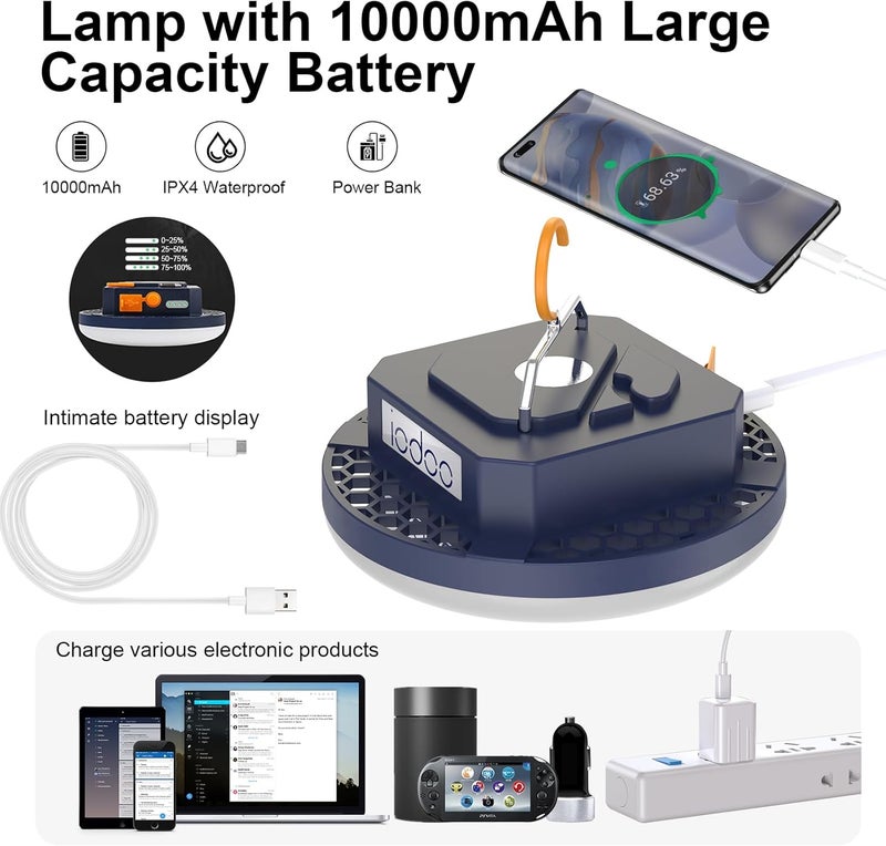 iodoo 10000mAh 3000LM Rechargeable RGB Camping Light Flashlight Portable LED Camping Lantern Rechargeable Light 30W with Magnet , Tent Light Power Failure Emergency Survival Kits(30W(RGB)) - Image 3